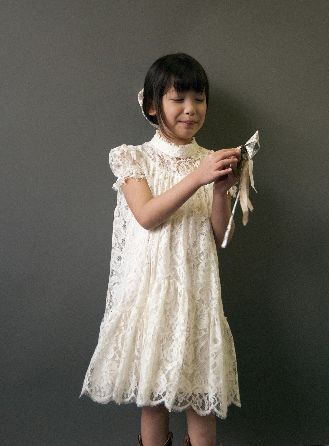 Victorian Lace Flower Girl Dress, Victorian Communion Dress, Ivory or White Lace, vintage style "Olga" CUSTOM size