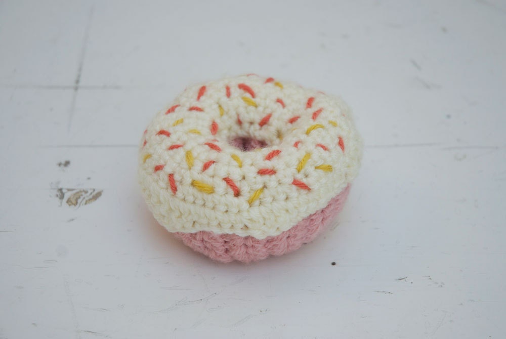 Joy Filled Donut Rattle for Babes - Strawberry with White Glaze, Rainbow Sprinkles