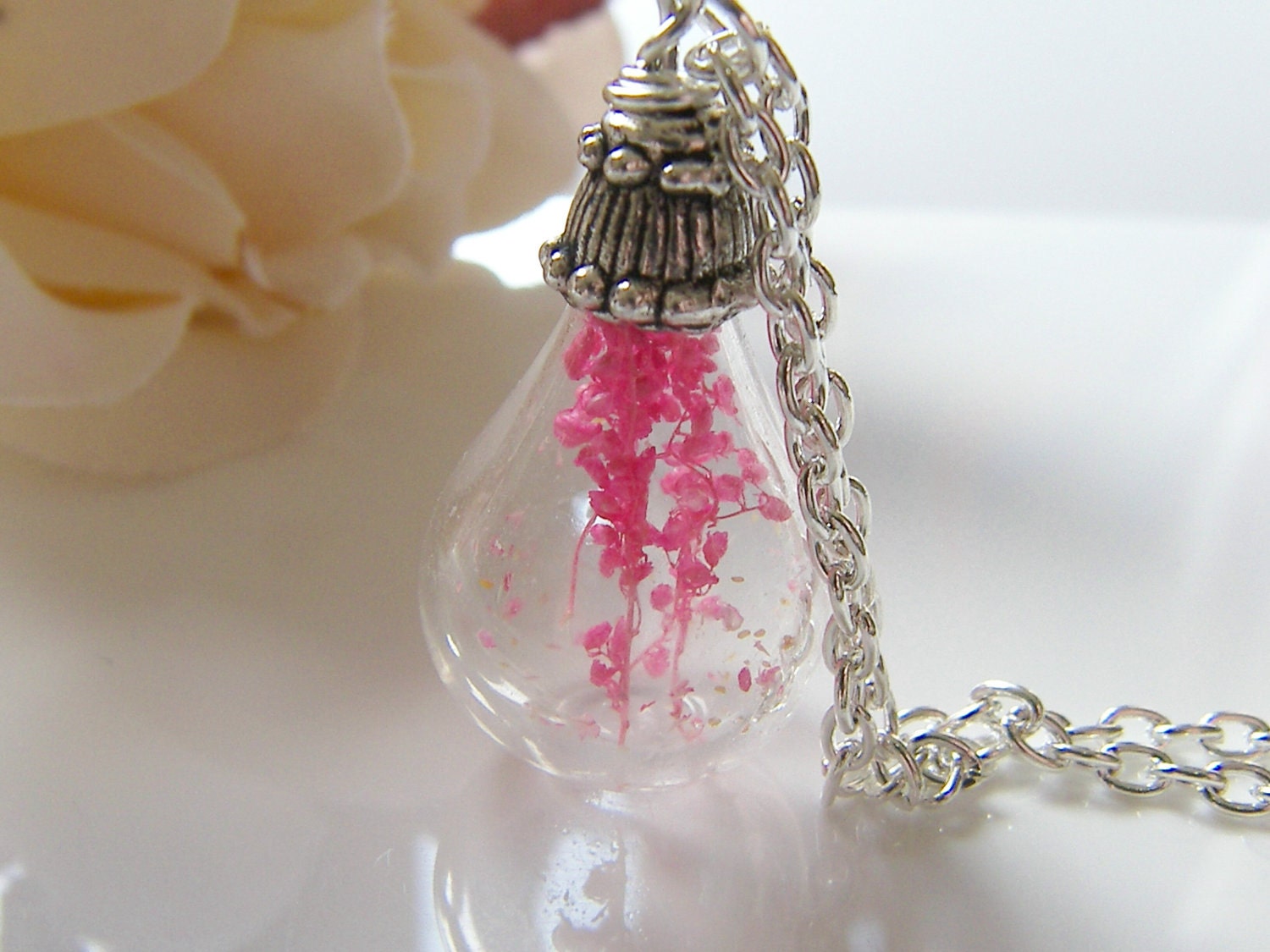 Real Flower Botanical Necklace, Handblown Glass, Teardrop Necklace, Bridesmaid Jewelry