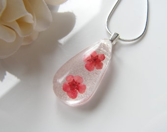Poppy Real Flower Teardrop Necklace, Eco Friendly, Resin Pendant, Nature Jewelry