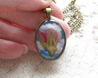 Red Rose Cameo Pendant, Real Flower, Botanical Necklace, Eco Friendly, Nature