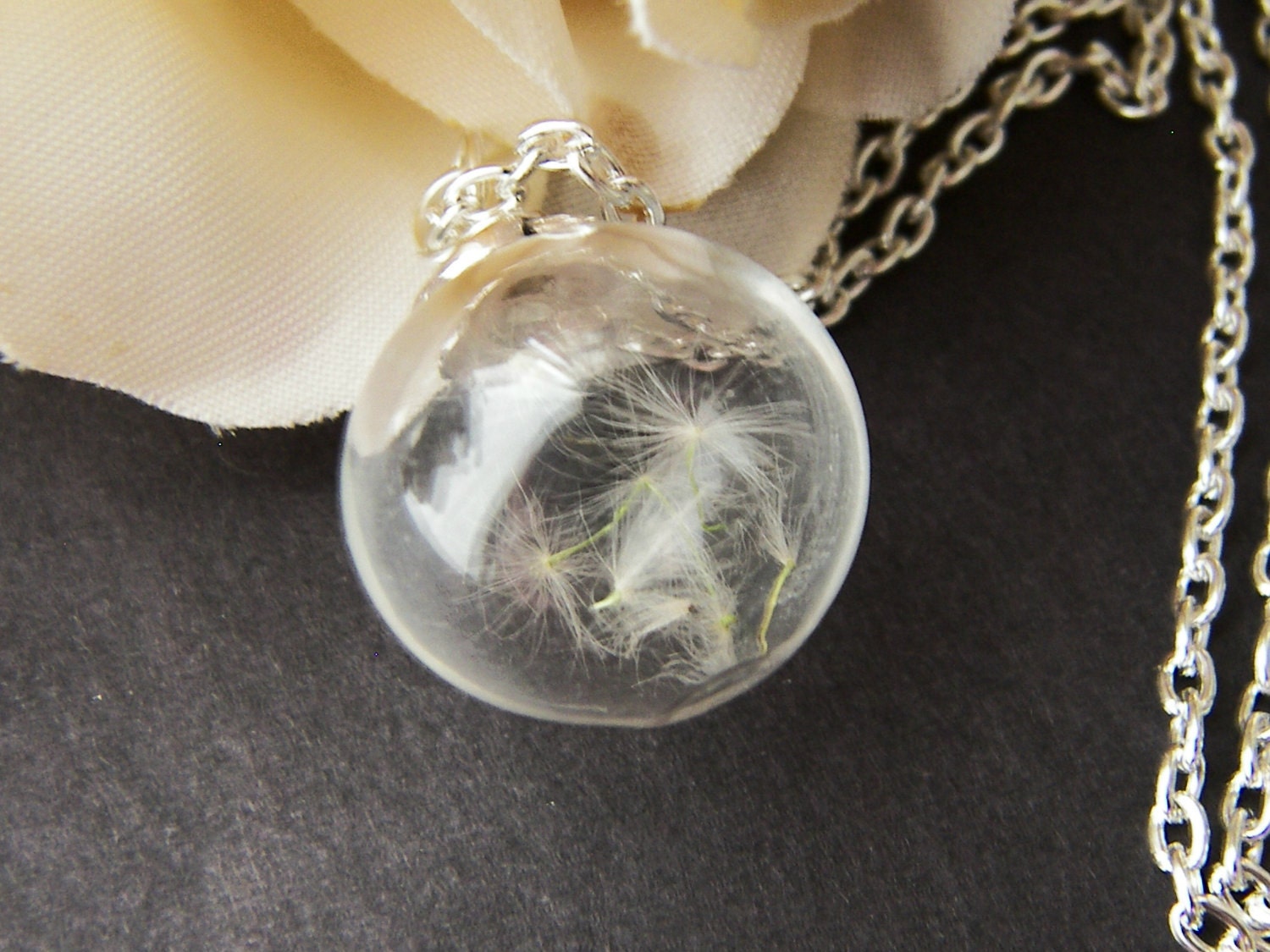 Real Dandelion Seeds Necklace, Handblown Glass, Glass Orb, Nature, Botanical