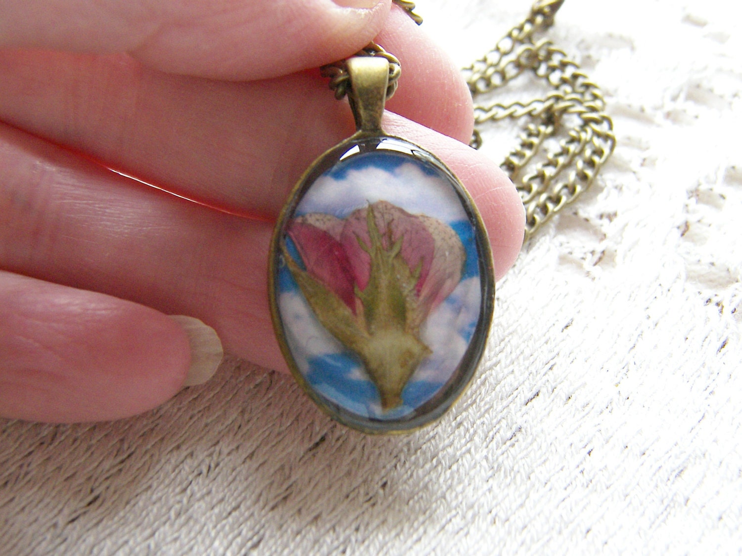 Red Rose Cameo Pendant, Real Flower, Botanical Necklace, Eco Friendly, Nature