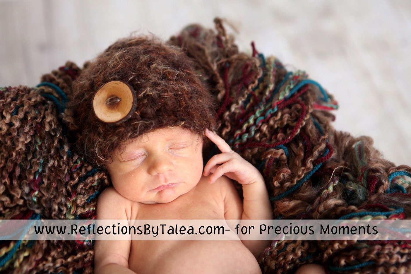 Fuzzy Brown Beanie Hat Large Wooden Button Crochet Newborn Baby PHOTO PROP