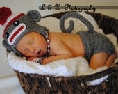 3-6 months SET Sock Monkey  Hat  and Diaper Cover Baby Crochet Unique Photo Prop