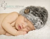 Fuzzy Black and Gray  Beanie Hat with Wooden Button Crochet Newborn Baby PHOTO PROP