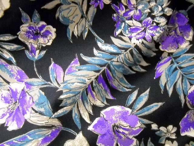 Floral Print Fabric, Yardage, Sewing Supplies,  2 1/4 Yard Remnant, Sewing Notions,  Black, Purple
