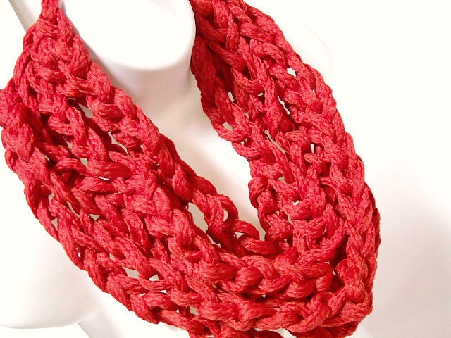 Womens Trendy Scarf, Lightweight Crocheted Chain, Extra Long Infinity Scarf, Loop Sarf, Necklace Circles, Red Chained Crochet Scarf