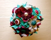 Paper Flower Bouquet, Wedding, Green, Fuchsia, White, Kusudama, Rose