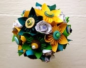 Paper Flower Bouquet, Wedding, Blue, Green, Yellow, Kusudama, Rose