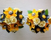 Paper Flower Bouquet, 2 Bridesmaid Bouquets, Wedding, Grey, Yellow, Kusudama, Rose