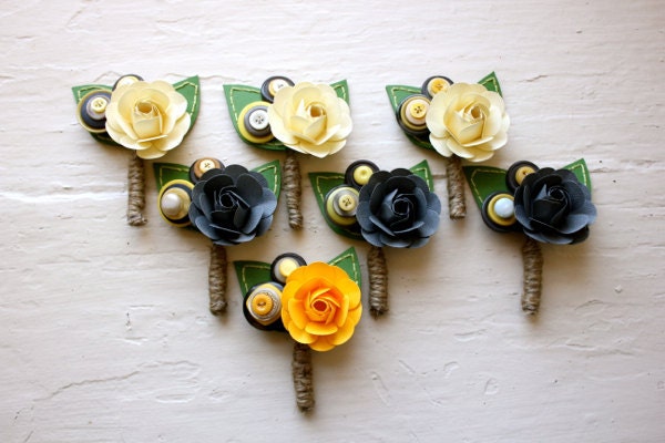 Paper Flower Boutonniere, Wedding, Grey, White, Yellow, Rose