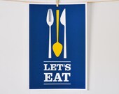Let's Eat, modern kitchen, spoon fork knife flatware utensil, dinner dinning, blue: 13x19 SALE PRINT