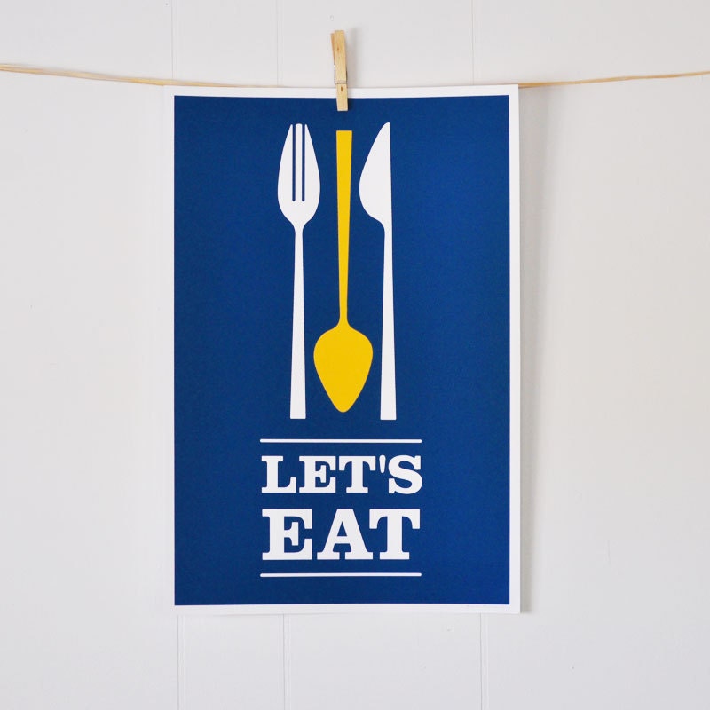 Let's Eat, modern kitchen, spoon fork knife flatware utensil, dinner dinning, blue: 13x19 SALE PRINT