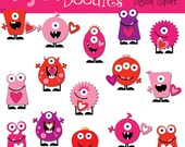 COMBO Love Monsters digital clip art and blackline stamps