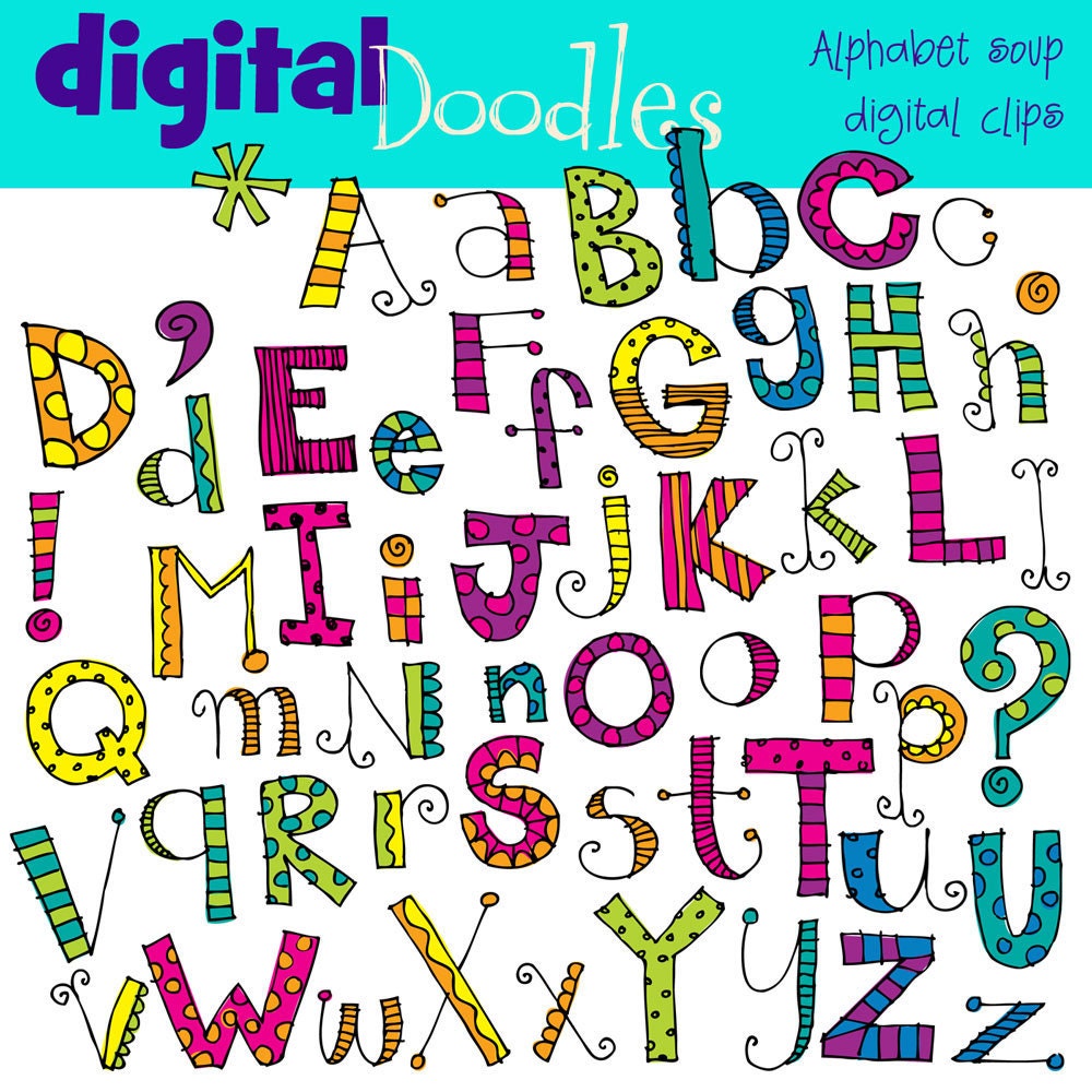 COMBO Alphabet soup digital clipart clip art and black line stamps