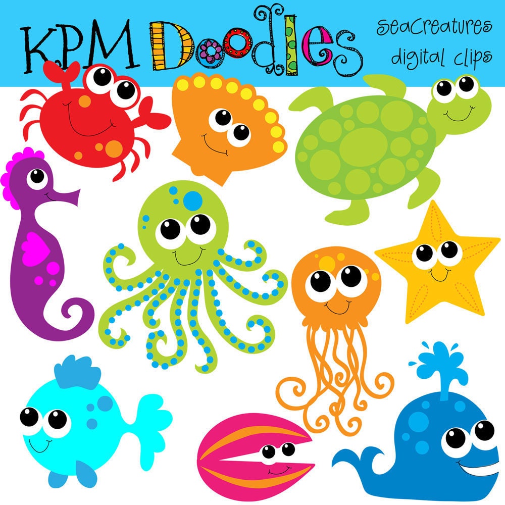 INSTANT DOWNLOAD Bright Sea Creatures digital clip art