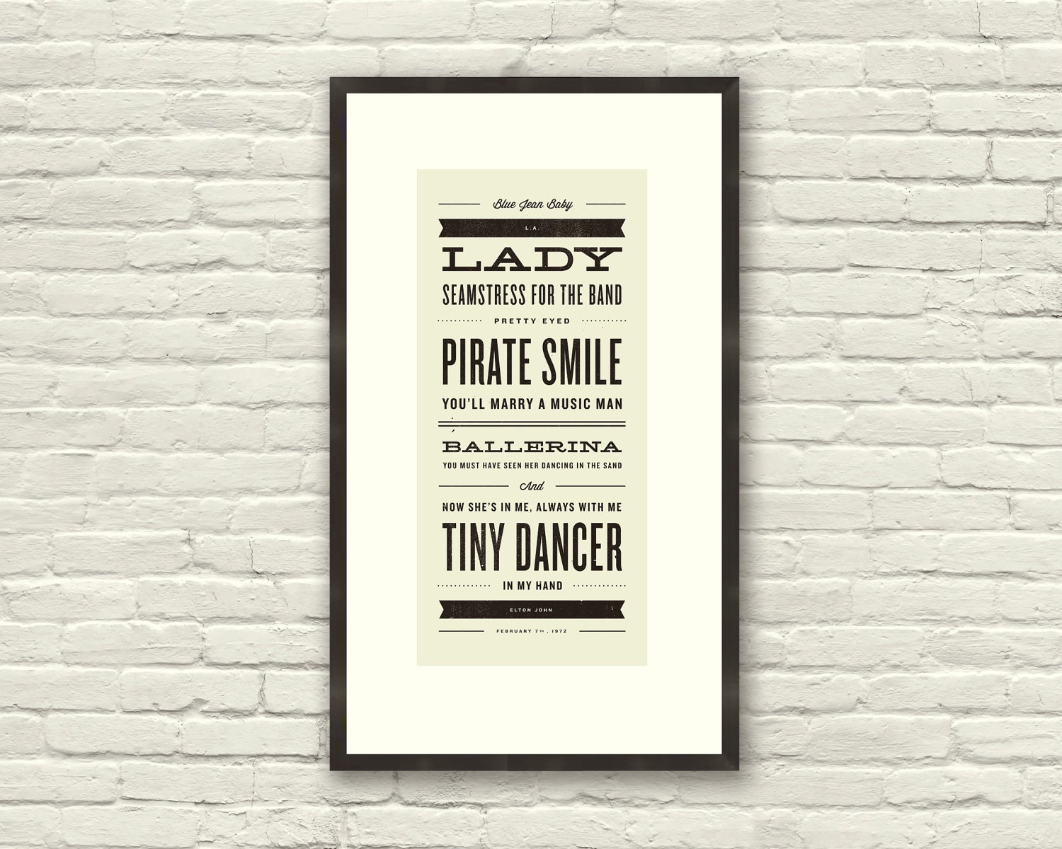 ELTON JOHN Inspired, Tiny Dancer Lyric Poster - 7 x 15 Typography Art Print, Modern Poster, Retro Home, Vintage, Rock Music
