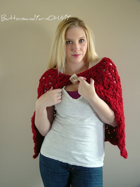 Knit Red Shawl, Dark Red Wrap, Cape