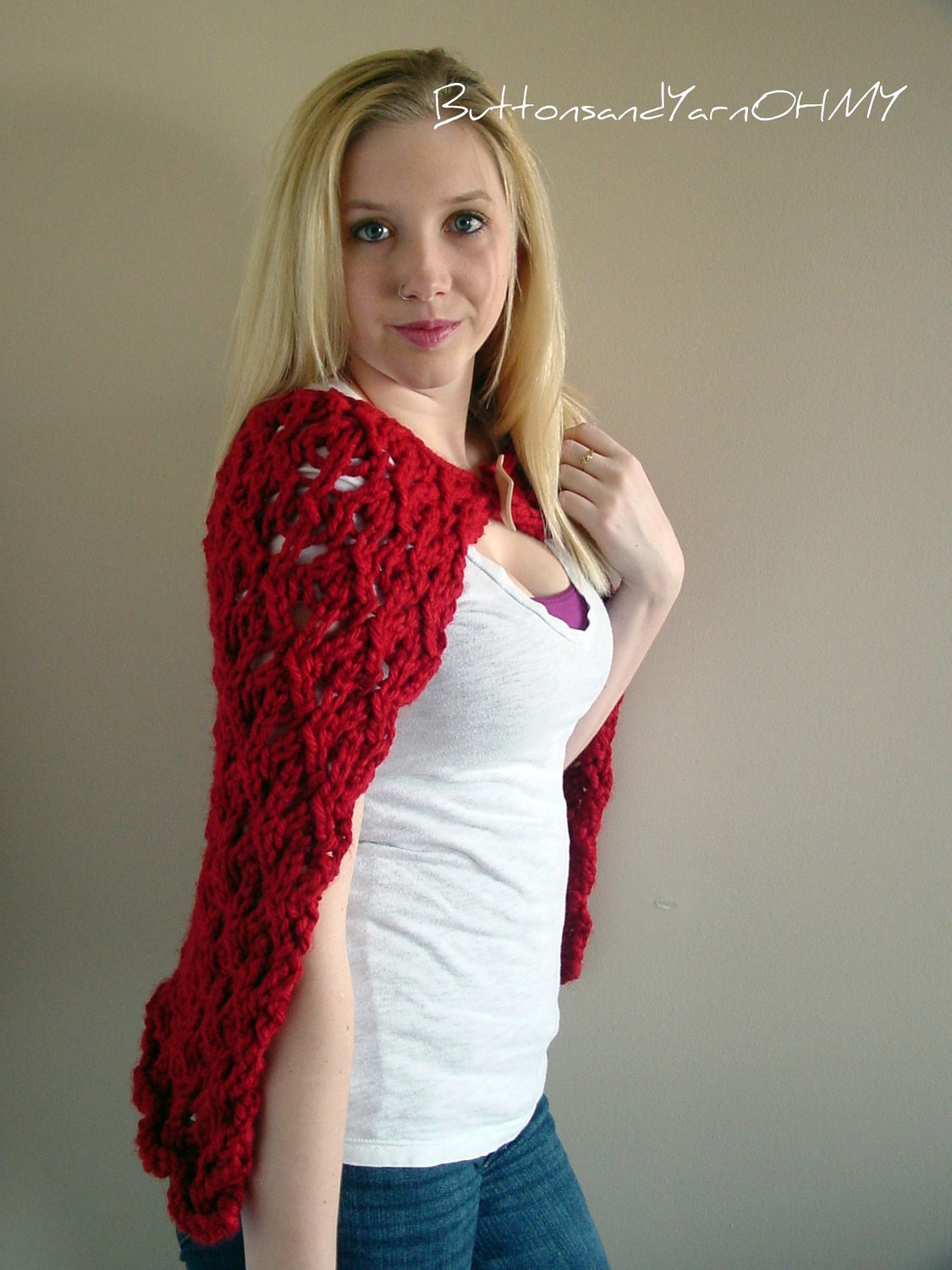 Knit Red Shawl, Dark Red Wrap, Cape