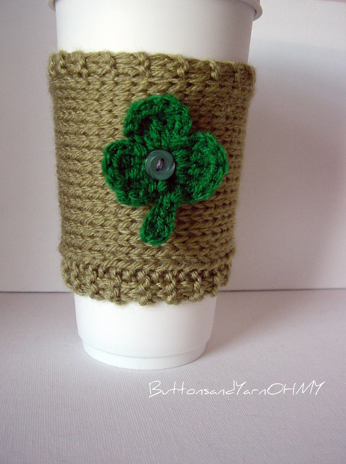 Knitted Cup Cozy, 3 leaf clover coffee cup cozy