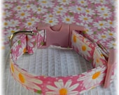 Dog Collar Field of Daisies Pink Size LARGE AdjustableFabric Dog Collar with D Ring No Bow