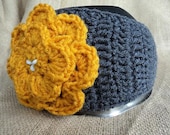 Ear Warmer with Jeweled Flower- grey accented with gold