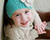 Head Wrap with Jeweled Flower -aqua accented with oatmeal