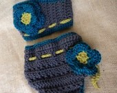 Crochet Diaper Cover with matching Head Wrap set, features a 2 layer flower and bow- grey, teal and lime green