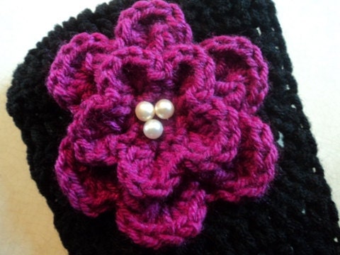 Crochet Ear Warmer, Head Wrap with Jeweled Flower- Black and Megenta