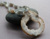 Grey Beaded Necklace  - Drusy Agate, Labradorite, Crystal Quartz, Sterling Silver - "Morning Blue Fog"