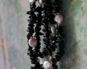 Black Stone Necklace / Onyx And Pearl Triple Strand Beaded Statement Necklace / Chunky Boho Summer Fashion