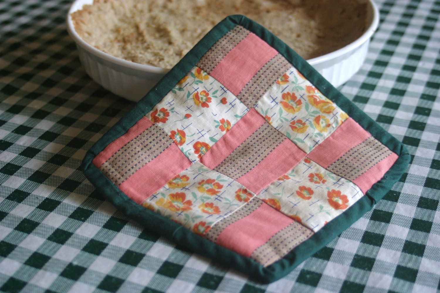 Feedsack Potholder 2:  with Dark Green and More Flowered Feedsack