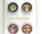 Old School Theme - Cassette Tape, Headphones, Boombox, Peace Love Rock  - Finished Sealed Bottle Caps - Set of 4