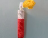 hanging bud vase - crochet - red and natural white two tone - includes glass test tube