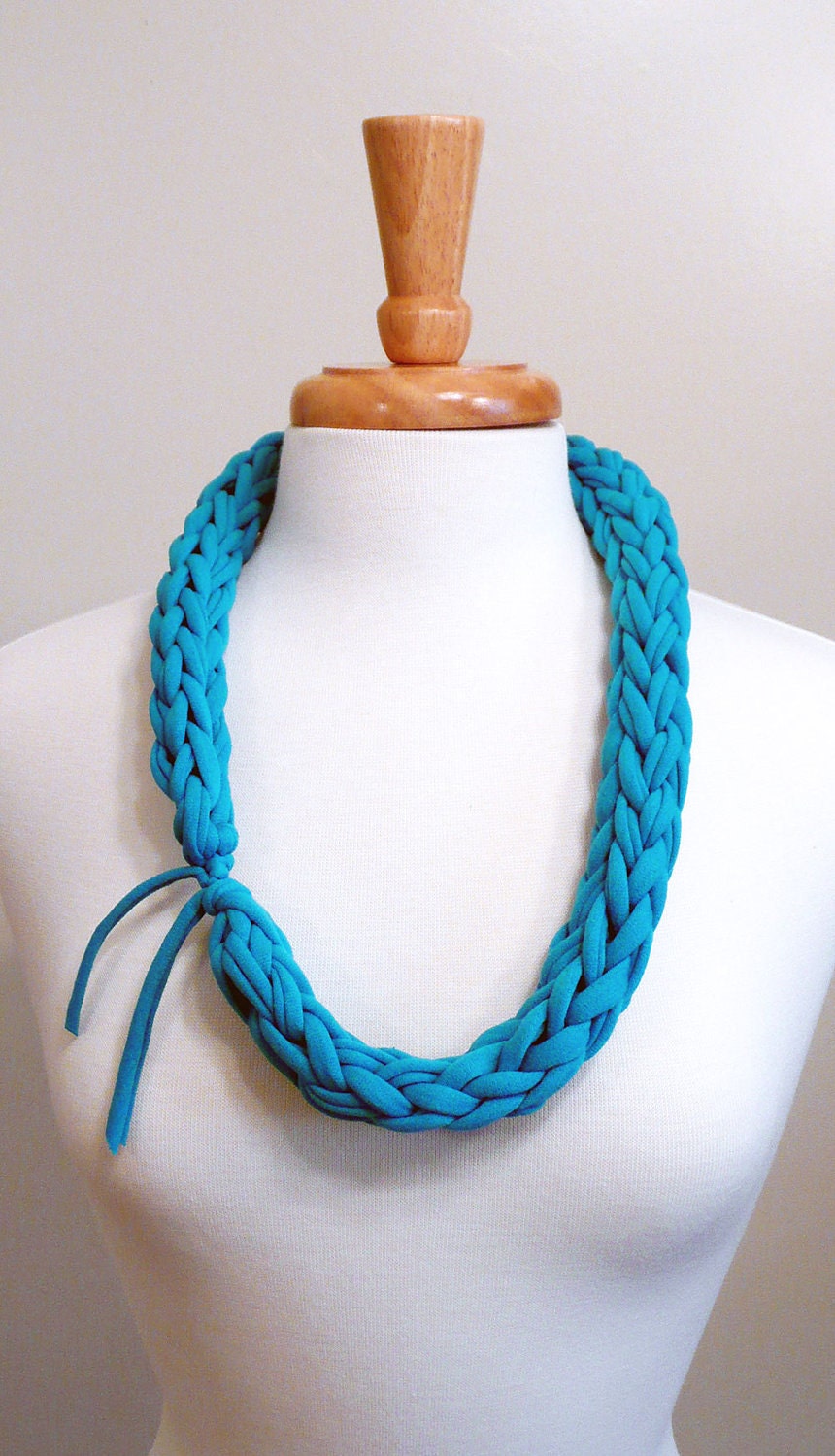 chunky knit necklace - teal blue - upcycled t-shirt fabric - READY TO SHIP