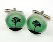 SOLITAIRE - silhouette tree - green sunset - recycled glass photo cufflinks