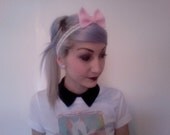 white SEQUIN stretchy headband with fleece PASTEL PINK cute girly bow