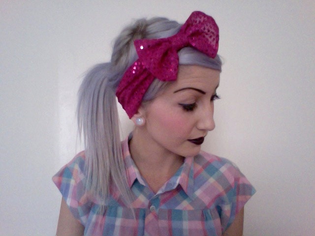 disco MERMAID sequin hot PINK bow turban headband head wrap
