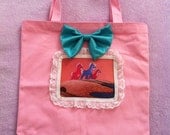 One of a kind cotton candy pink lolita kawaii TOTE PURSE with fantasia baby pastel unicorns with lace and aqua teal satin bow