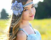 Silver Gray Silk Flower Headband Glitter Elastic Tween Teen Women