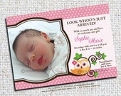 Owl Baby Girl Birth Announcement Photo Printable - Personalized Custom Photo Cards - Digital JPEG File.