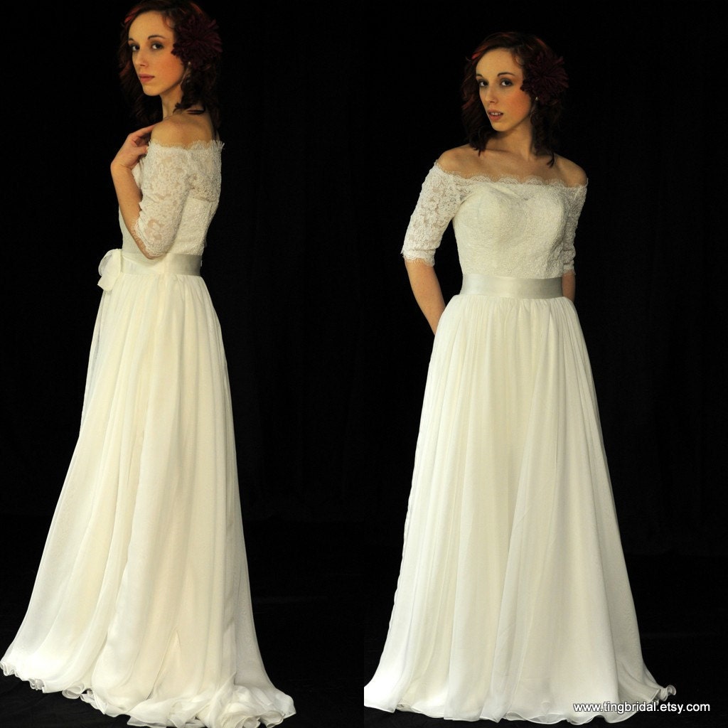 Sherry-City Country Beach Bride-Custom A-line off the shoulder Lace Chiffon Wedding Dress Gown