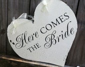 HERE COMES the BRIDE Sign, Heart Shaped Wedding Sign, Reversible and they lived happily ever after  Vintage Wedding Sign