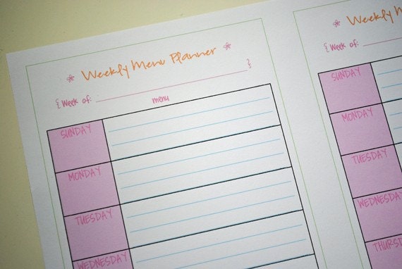 WEEKLY MENU PLANNER - half size planner pdf template tangerine