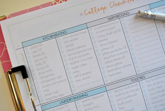 OFF TO COLLEGE- full size printable planner dorm school checklist pdf template tangerine
