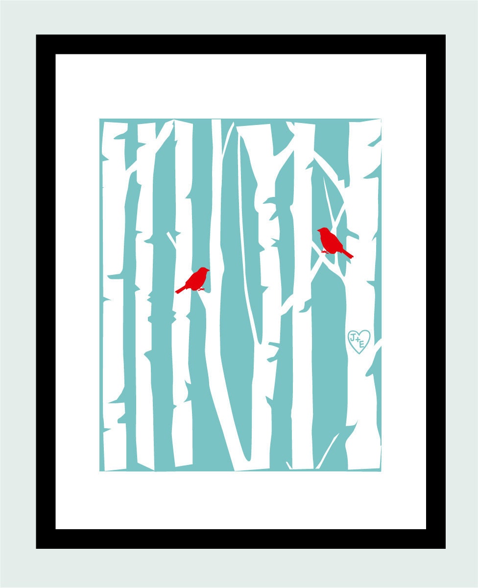 Birch Tree Forest Love Birds Carved Initials  -  Custom Wedding or Anniversary Gift - Print 8"x10"