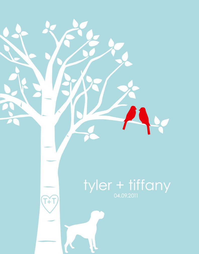 Personalized Custom Love Bird Wedding Tree with Custom Dog Silhouette - 11"x14" (Red/Blue)