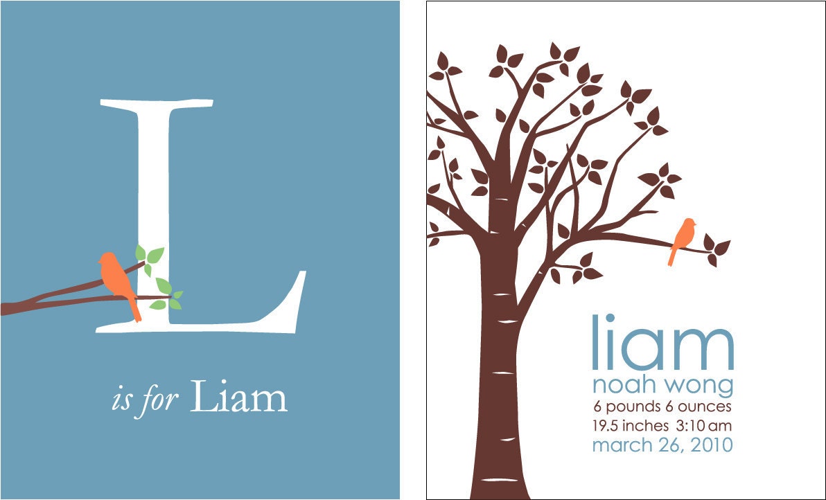 Personalized Custom Baby Name/Birthdate Print and Initial/Monogram Print-  Nursery Decor for Boys -Set of two 8"x10" prints (Blue/White)