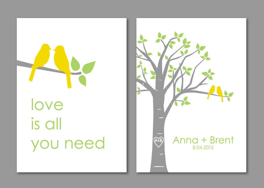 Personalized Custom Love Bird Wedding Family Tree - Birds on Branch - Love is All You Need - Set of 2 prints- 5x7s